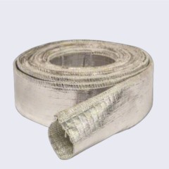 A studio photograph on a clean white background, featuring a neat roll of Liluan aluminum foil-coated fiberglass heat insulation sleeve, with the end showing the clean tubular cross-section.---LiLuan Technology