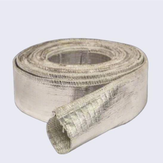A studio photograph on a clean white background, featuring a neat roll of Liluan aluminum foil-coated fiberglass heat insulation sleeve, with the end showing the clean tubular cross-section.---LiLuan Technology