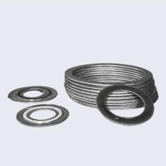 A catalog-style studio photograph on a clean white background showcasing a large, neat stack of armored stainless steel coated graphite gaskets. Several individual gaskets are also displayed to the left, demonstrating bulk supply capability for high-pressure industrial sealing.---LiLuan Technology
