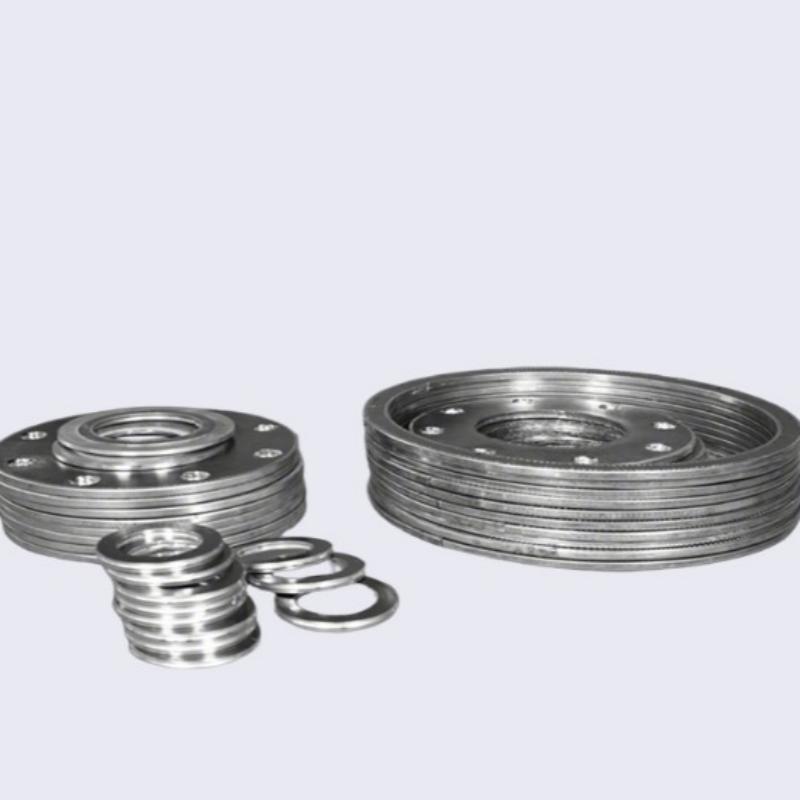 A studio product photograph against a clean white background, showcasing a varied assortment of Liluan high-strength multi-layer graphite gaskets. In the foreground are small circular rings and medium-sized gaskets with multiple bolt holes. In the background are larger circular gaskets with inner reinforcement rings and bolt holes, demonstrating suitability for various custom and standard industrial flange sizes.---LiLuan Technology