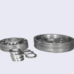 A studio product photograph against a clean white background, showcasing a varied assortment of Liluan high-strength multi-layer graphite gaskets. In the foreground are small circular rings and medium-sized gaskets with multiple bolt holes. In the background are larger circular gaskets with inner reinforcement rings and bolt holes, demonstrating suitability for various custom and standard industrial flange sizes.---LiLuan Technology