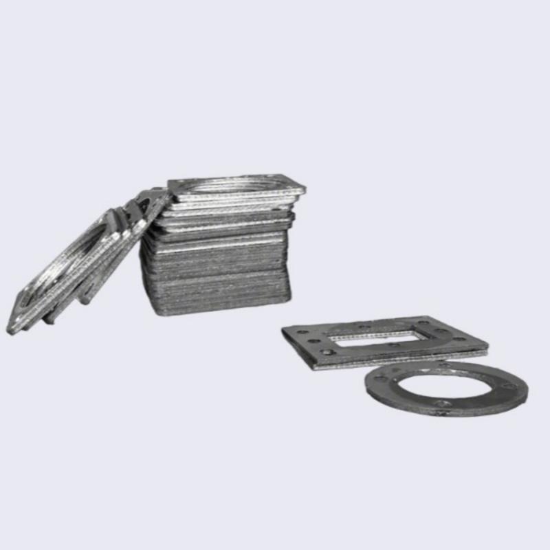 A studio photograph showcasing a neat stack of square tanged reinforced flexible graphite gaskets, with one square gasket and one round tanged gasket with exposed core displayed on the right, for diverse industrial pipe flange sealing applications.---LiLuan Technology