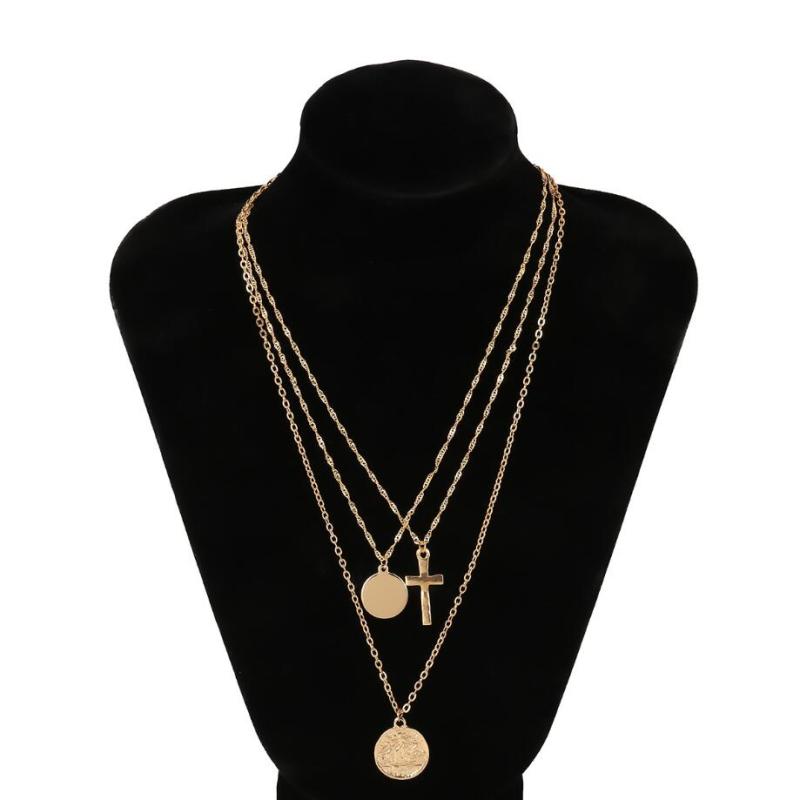 2020 Layered cross and coin necklace pendant handmade gold plated dainty gold choker arrow bar layering long necklace for women