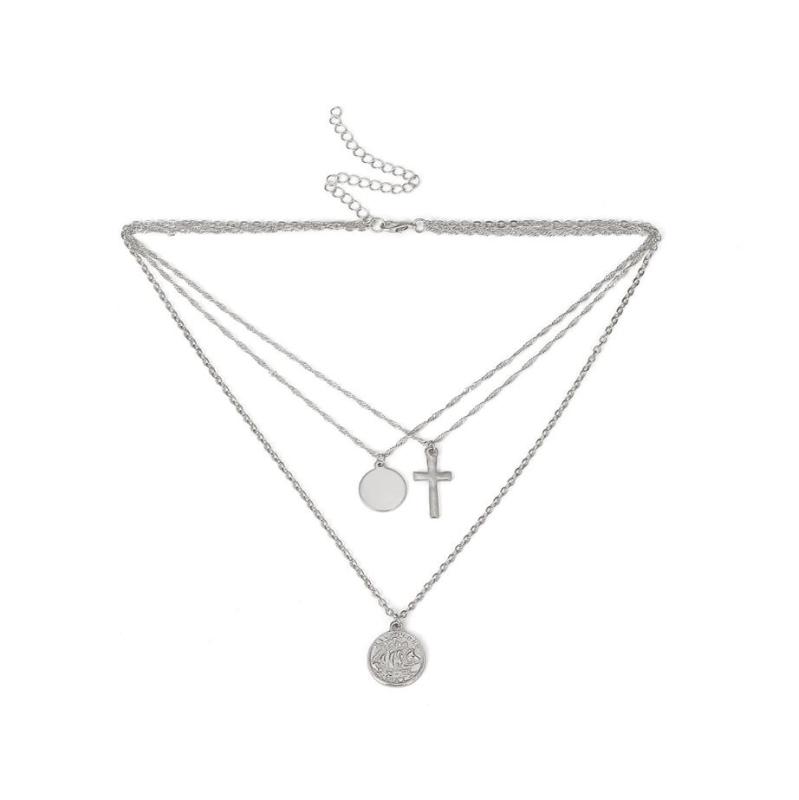 2020 Layered cross and coin necklace pendant handmade gold plated dainty gold choker arrow bar layering long necklace for women