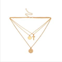 2020 Layered cross and coin necklace pendant handmade gold plated dainty gold choker arrow bar layering long necklace for women
