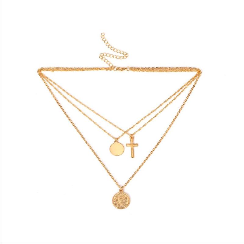 2020 Layered cross and coin necklace pendant handmade gold plated dainty gold choker arrow bar layering long necklace for women