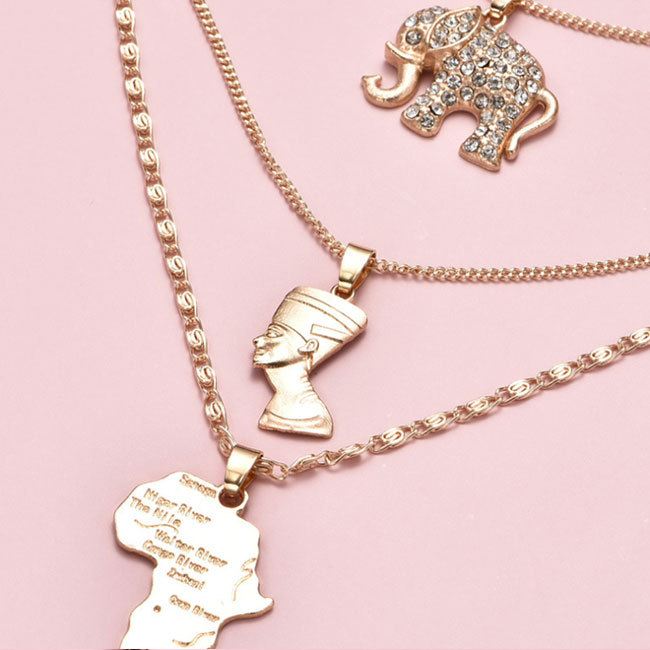 2021 new fashion gold plated layered necklace irregular map and people head alloy necklace jewelry for women and girls