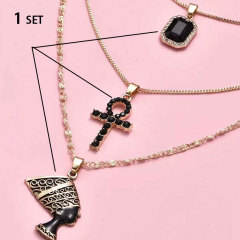 2021 hot sale gold plated layered black rhinestone necklace irregular map and people head alloy necklace jewelry for women and girls