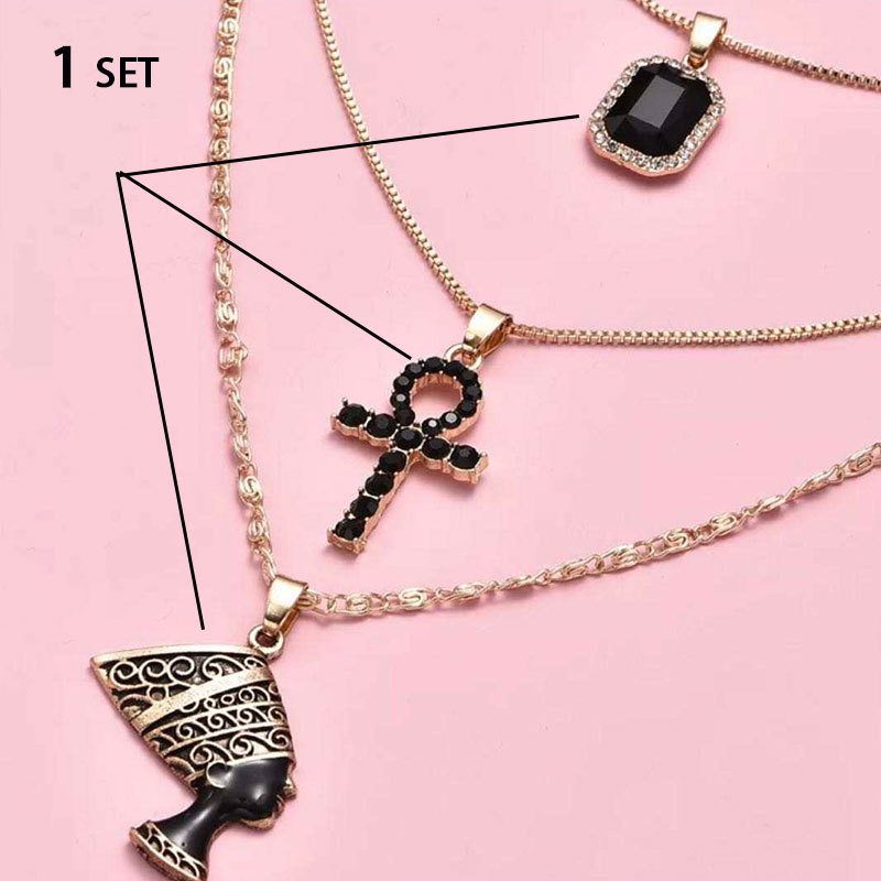 2021 hot sale gold plated layered black rhinestone necklace irregular map and people head alloy necklace jewelry for women and girls