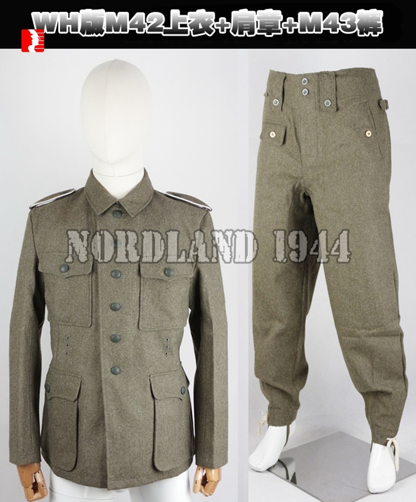 German WH M42 Heer EM Fieldgrey Wool Feldbluse Field Blouse Suit Tunic with Shoulder Straps & Pants