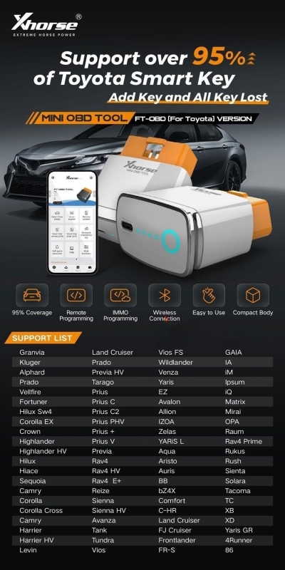 Xhorse XDMOT0GL FT-OBD TOOL for Toyota Add key and All key lost 1 PCS xhorse XDMOT0GL FT-OBD Toyota MINI OBD Tool