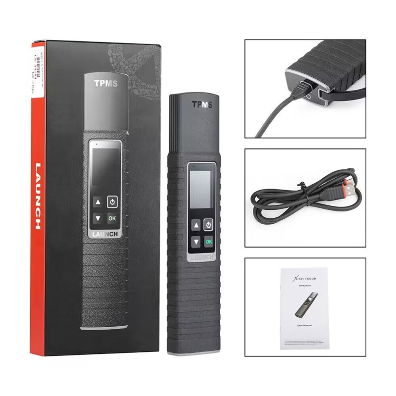 LAUNCH X431 TSGUN TPMS Car Tire Pressure Diagnostic Tool Relearn Active Program 315/433Mhz Sensor for X-431 V /V+/PRO3S+/PAD ect Package List 1* X-431 TSGUN WAND 1* USB Cable 1* Box