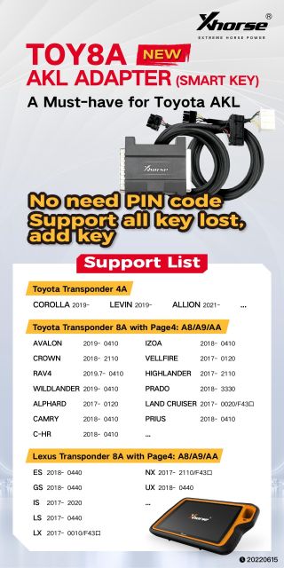 Xhorse VVDI XD8ASKGL TOY8A AKL Adapter(smart key) A must-have for Toyota AKL No need PIN CODE support all key lost,add key
