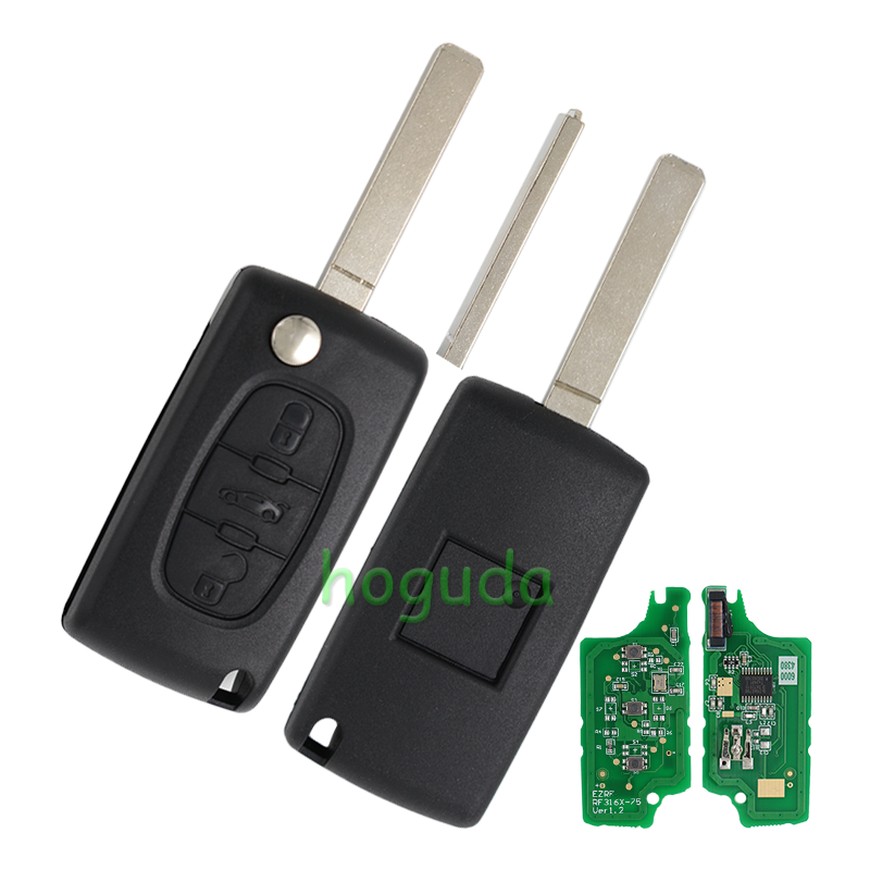For Citroen 3 button flip remote key with VA2 307 blade (With trunk button)  433Mhz ID46 PCF7961 Chip ASK Model