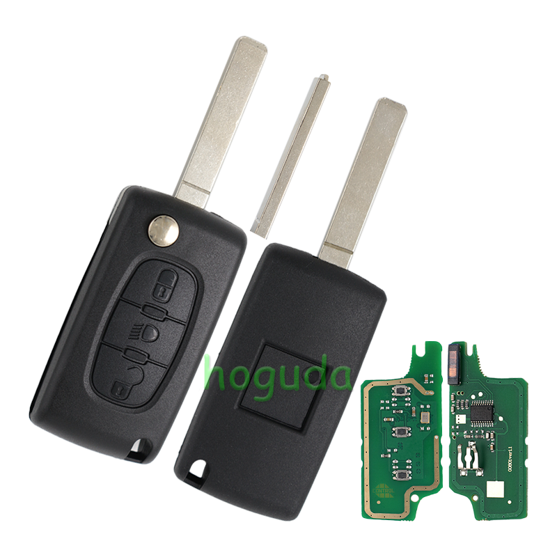 For Peugeot 3 button flip remote key with VA2 307 blade (With Light button)  433Mhz ID46 PCF7961 Chip FSK Model