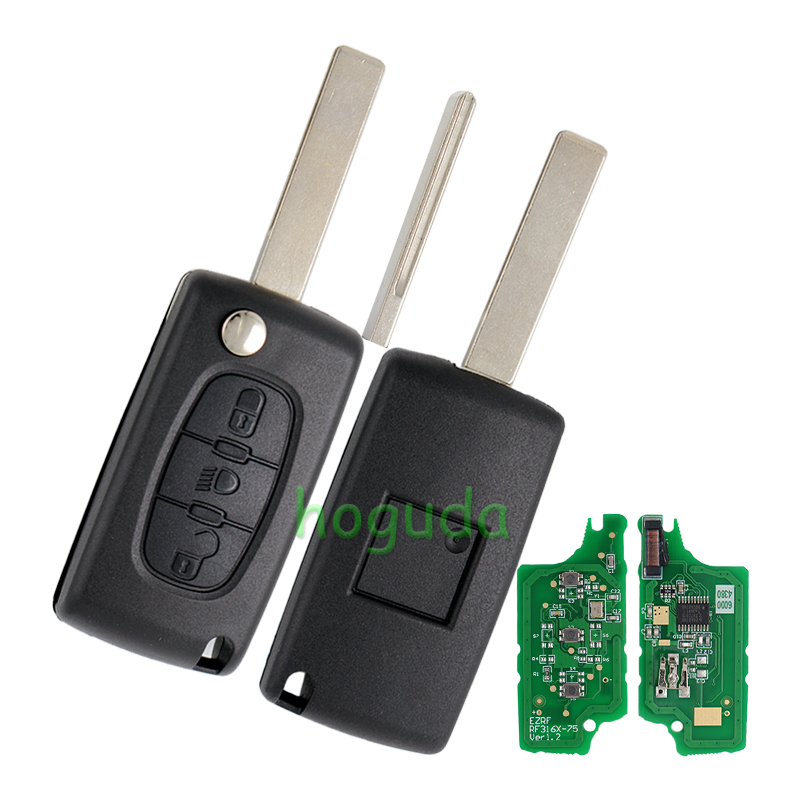 For Peugeot 3 button flip remote key with HU83 407 blade  (With Light button) 433Mhz ID46 PCF7961 Chip ASK Model
