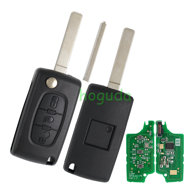 For Peugeot 3 button flip remote key with VA2 307 blade (With Light button)  433Mhz ID46 PCF7961 Chip ASK Model