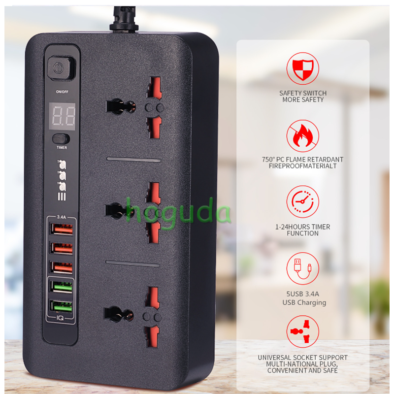 Universal 3-position timed socket with 3.4A USB charging and 2-meter extension cord, made of pure copper conductive material inside