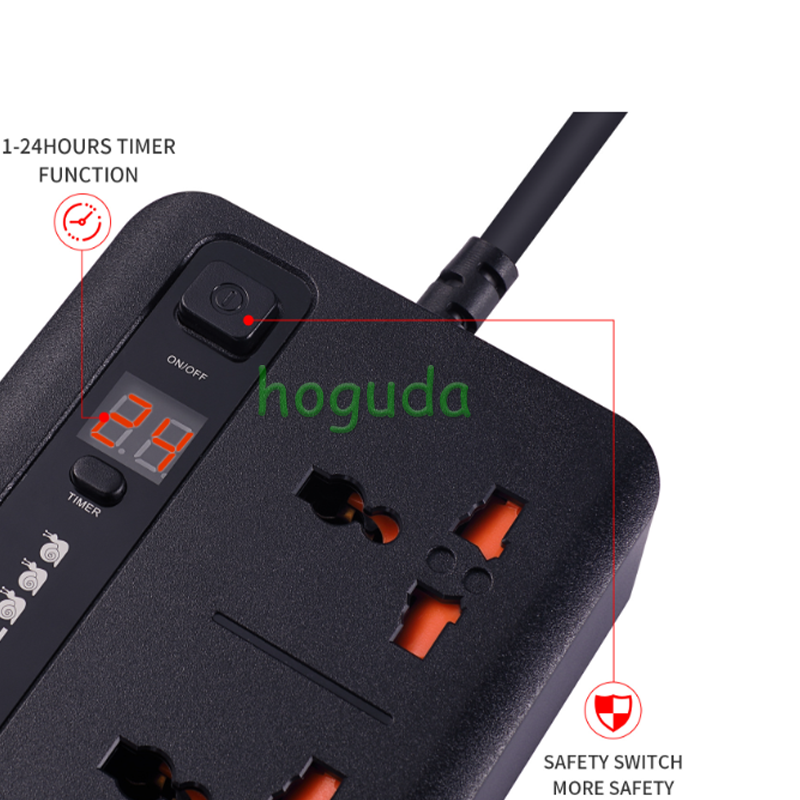 Universal 3-position timed socket with 3.4A USB charging and 2-meter extension cord, made of pure copper conductive material inside