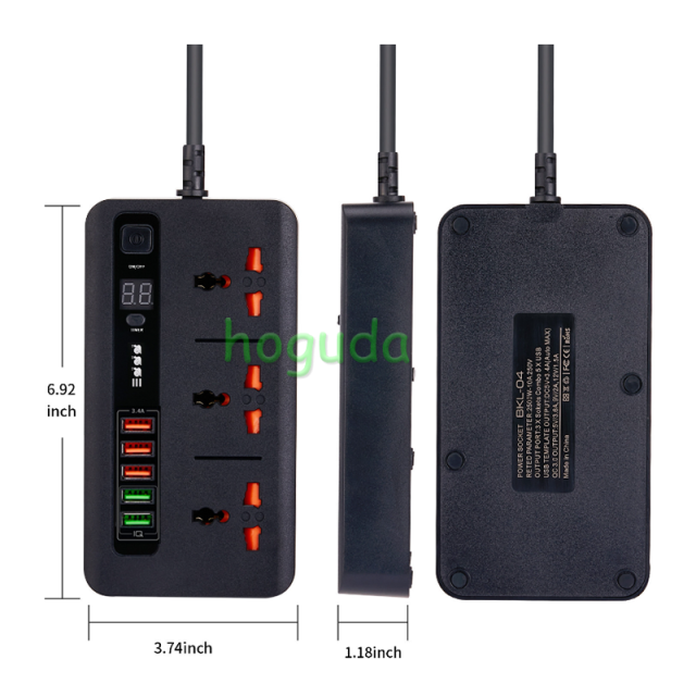 Universal 3-position timed socket with 3.4A USB charging and 2-meter extension cord, made of pure copper conductive material inside