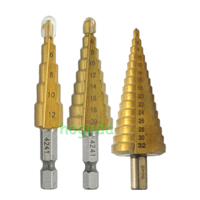 4-12/4-20/4-32mm hexagonal shank straight groove titanium plated ladder drill set, three piece set Pagoda drill bit