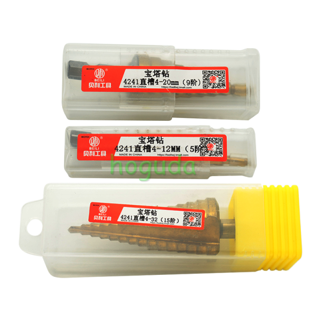 4-12/4-20/4-32mm hexagonal shank straight groove titanium plated ladder drill set, three piece set Pagoda drill bit