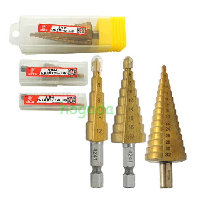 4-12/4-20/4-32mm hexagonal shank straight groove titanium plated ladder drill set, three piece set Pagoda drill bit