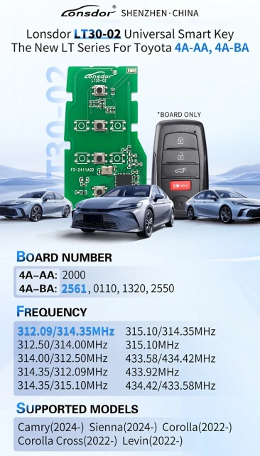 LT30-02 BOARD NUMBER 2561 0110 0320 2550 2000 The latest Toyota 4A smart key solution support frequency 312.09/314.35