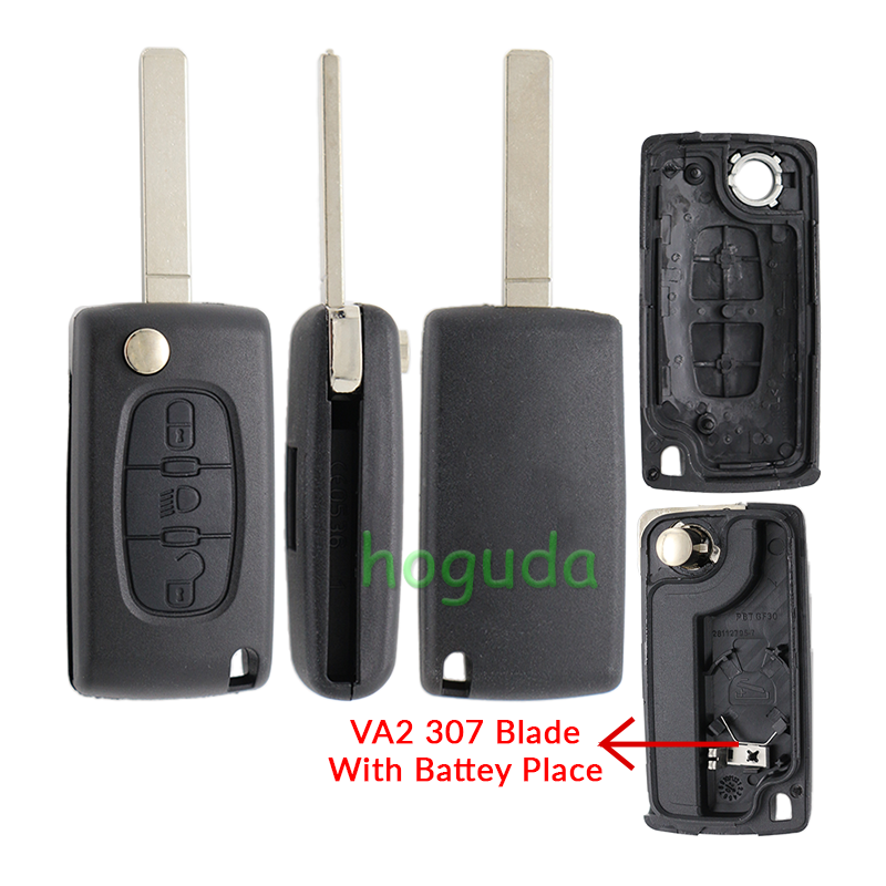For Peugeot 307 blade 3 button flip remote key blank with light button ( VA2 Blade - 3Button -  Light - With battery place) (No Logo)