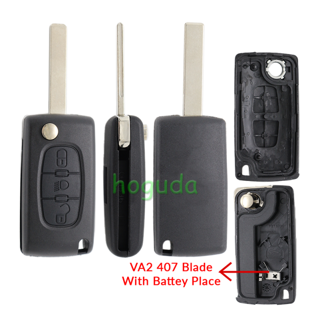 For Peugeot 407 blade 3 button flip remote key blank with light button ( HU83 Blade - Light - With battery place) (No Logo)