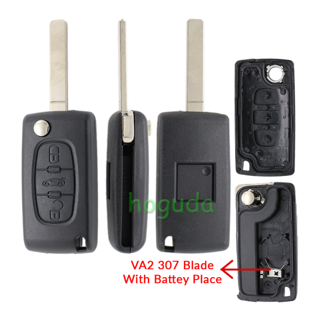 For Peugeot 307 blade 3 button flip remote key shell with trunk button ( VA2 Blade - 3Button - Trunk - With battery place )
