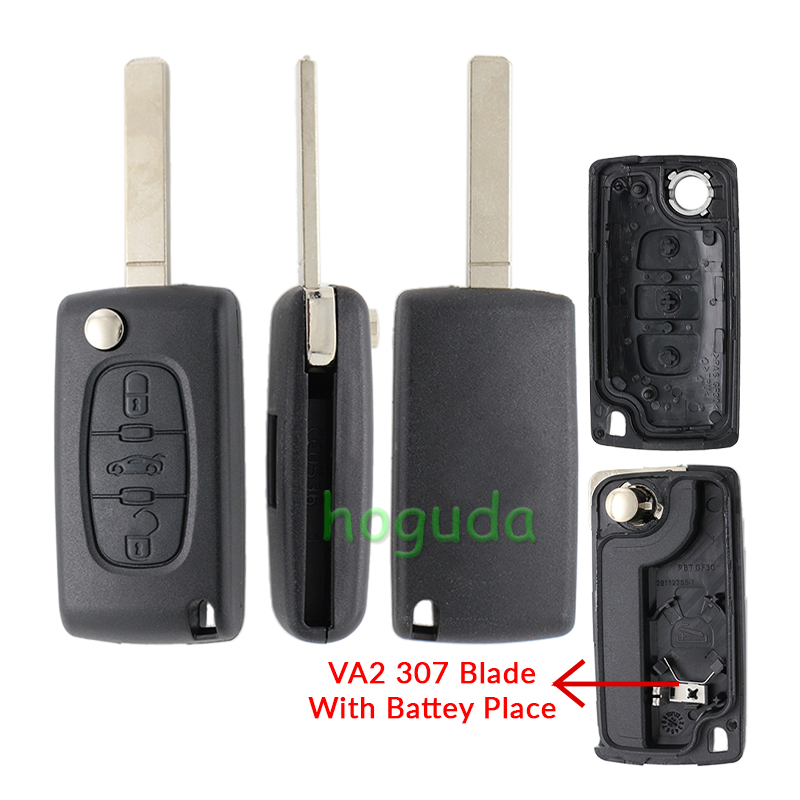 For Peugeot 307 blade 3 button flip remote key blank with trunk button (VA2 Blade - 3Button -  Trunk - With battery place) (No Logo)