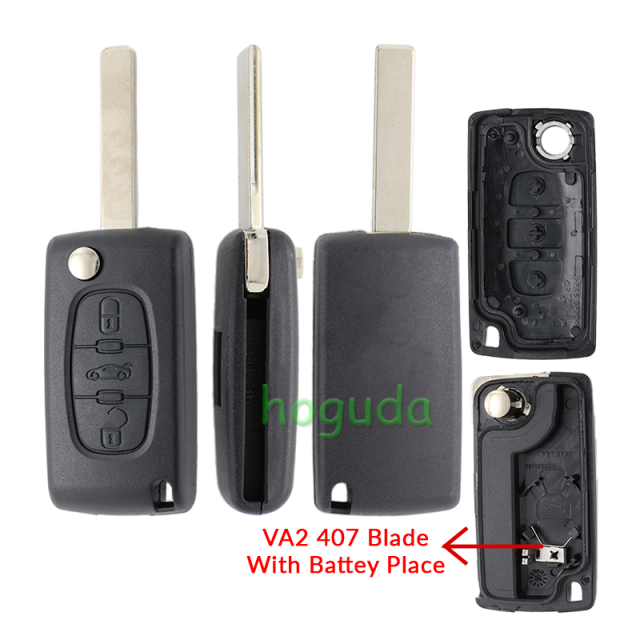 For Peugeot 407 blade 3 button flip remote key blank with trunk button ( HU83 Blade - Trunk - With battery place) (No Logo)