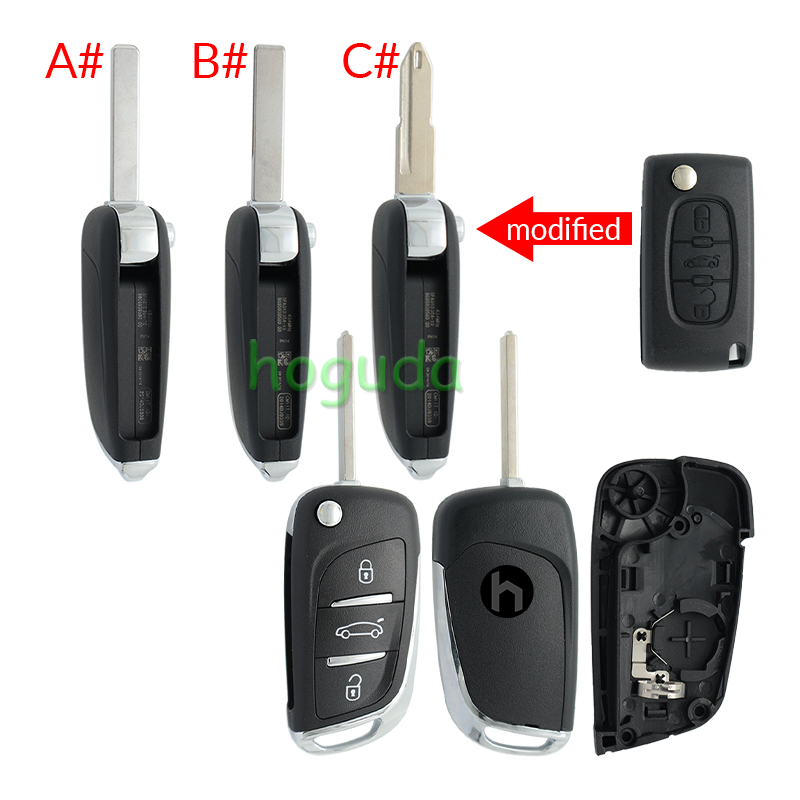 For Peugeot 3 button modified flip remote key blank with VA2 307/HU43/206 Blade -- With battery place used for 0536 model remote control