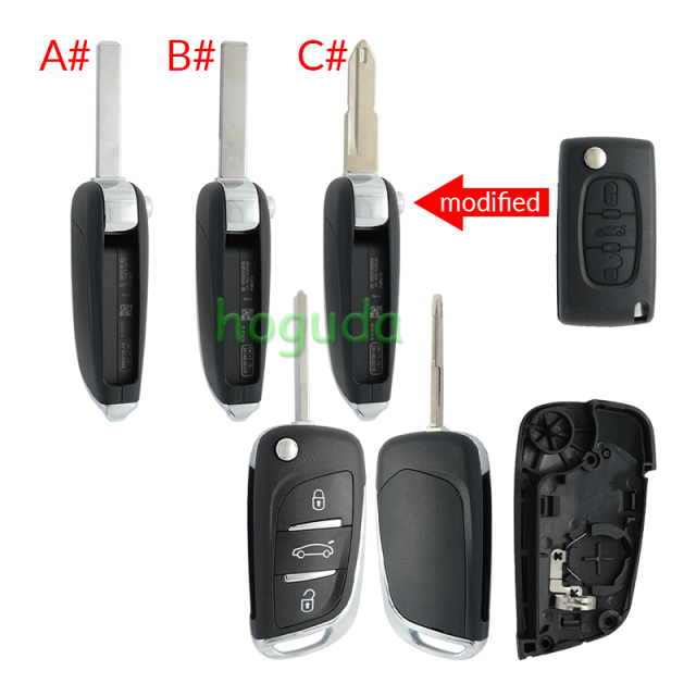 For Peugeot 3 button modified flip remote key blank with VA2 307/HU43/206 Blade -- With battery place used for 0536 model remote control (No Logo)
