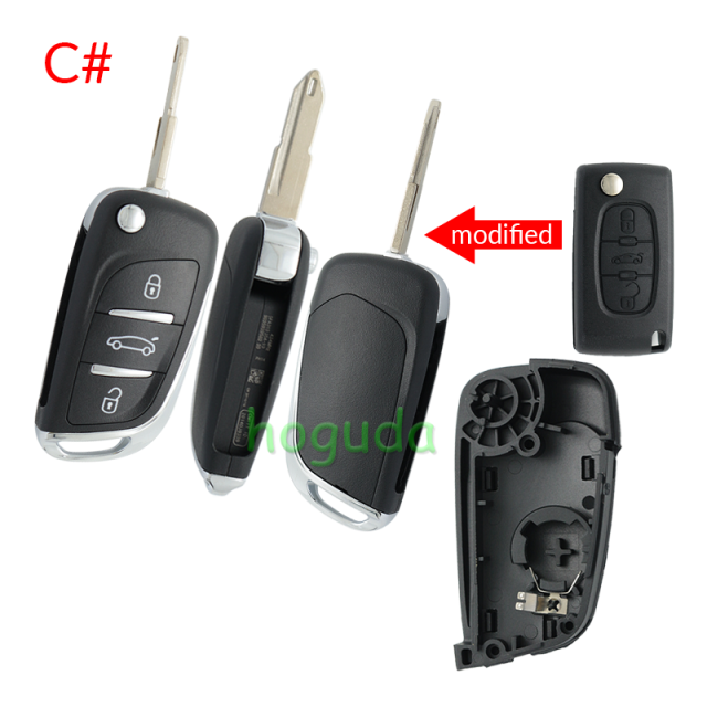 For Peugeot 3 button modified flip remote key blank with VA2 307/HU43/206 Blade -- With battery place used for 0536 model remote control (No Logo)