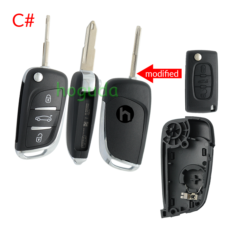 For Peugeot 3 button modified flip remote key blank with VA2 307/HU43/206 Blade -- With battery place used for 0536 model remote control