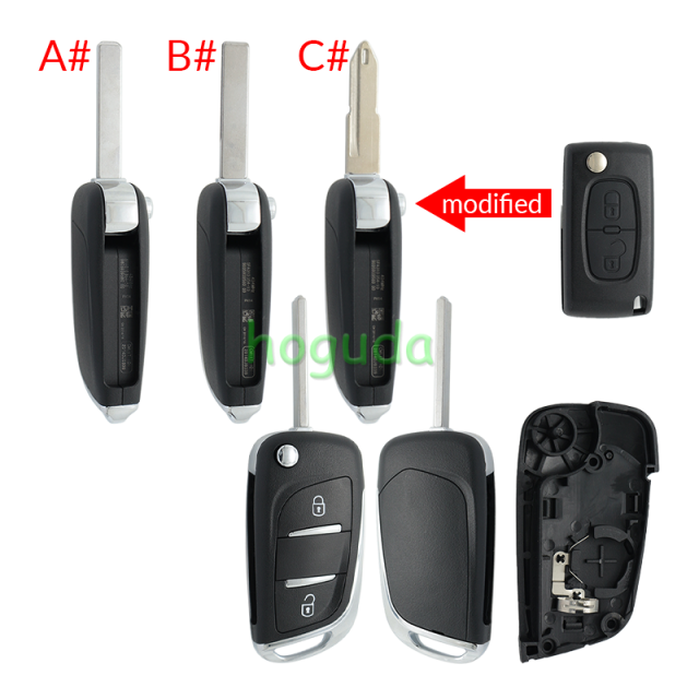 For Peugeot 2 button modified flip remote key blank with VA2 307/HU43/206 Blade -- With battery place used for 0536 model remote control (No Logo)