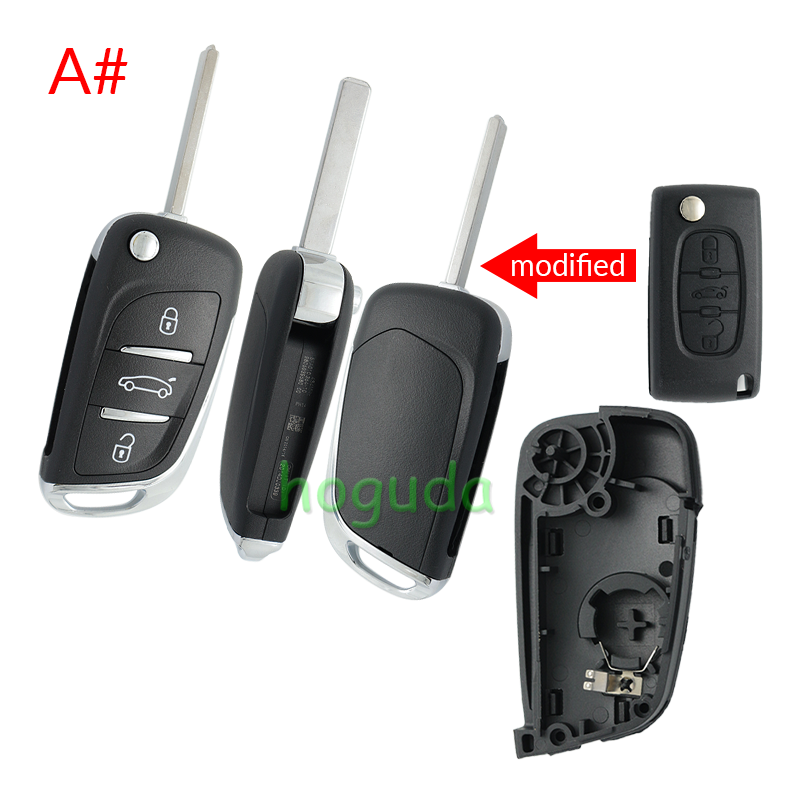 For Peugeot 3 button modified flip remote key blank with VA2 307/HU43/206 Blade -- With battery place used for 0536 model remote control (No Logo)