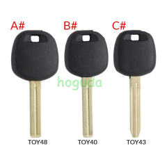 For Toyota transponder key blank,the chip slot is on the top of the key.  A# TOY48 Blade B# TOY40 Blade C# TOY43 Blade