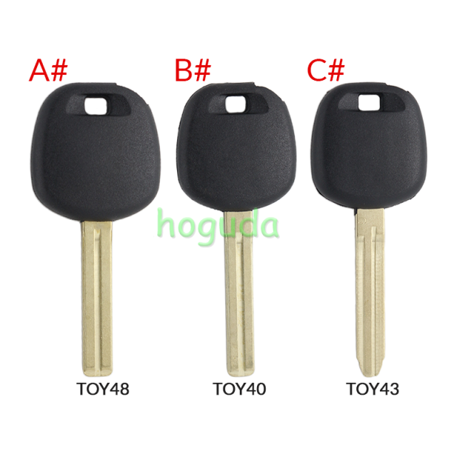 For Toyota transponder key blank,the chip slot is on the top of the key.  A# TOY48 Blade B# TOY40 Blade C# TOY43 Blade