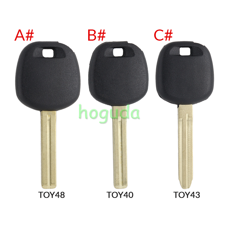 For Toyota transponder key blank,the chip slot is on the top of the key.  A# TOY48 Blade B# TOY40 Blade C# TOY43 Blade