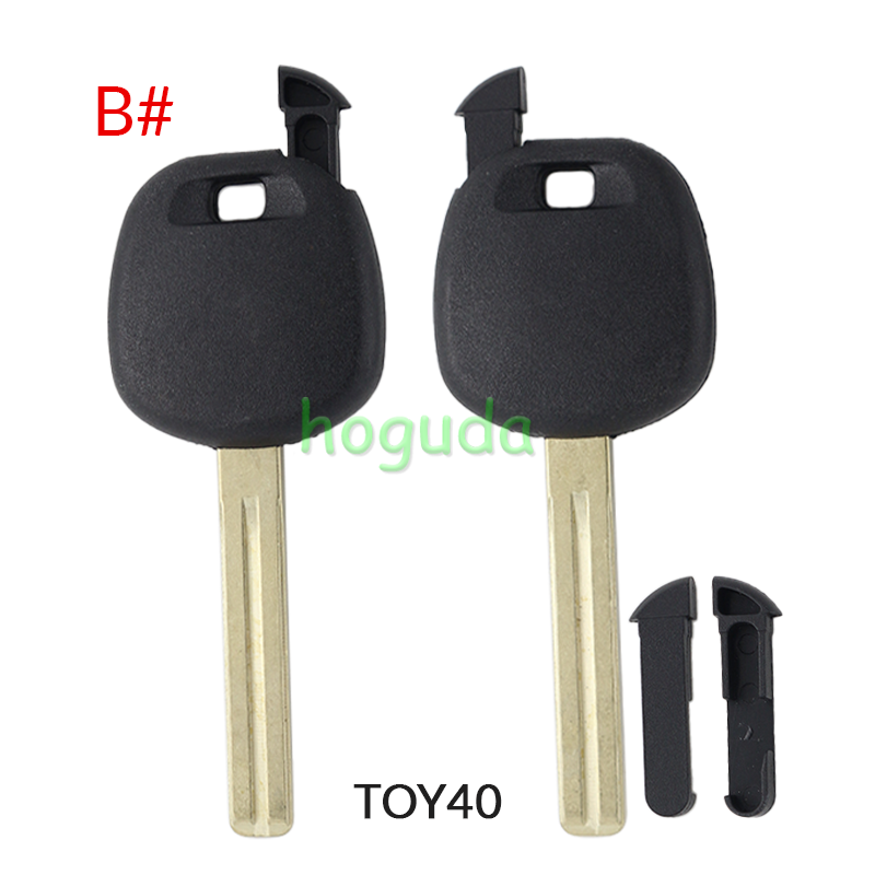 For Toyota transponder key blank,the chip slot is on the top of the key.  A# TOY48 Blade B# TOY40 Blade C# TOY43 Blade