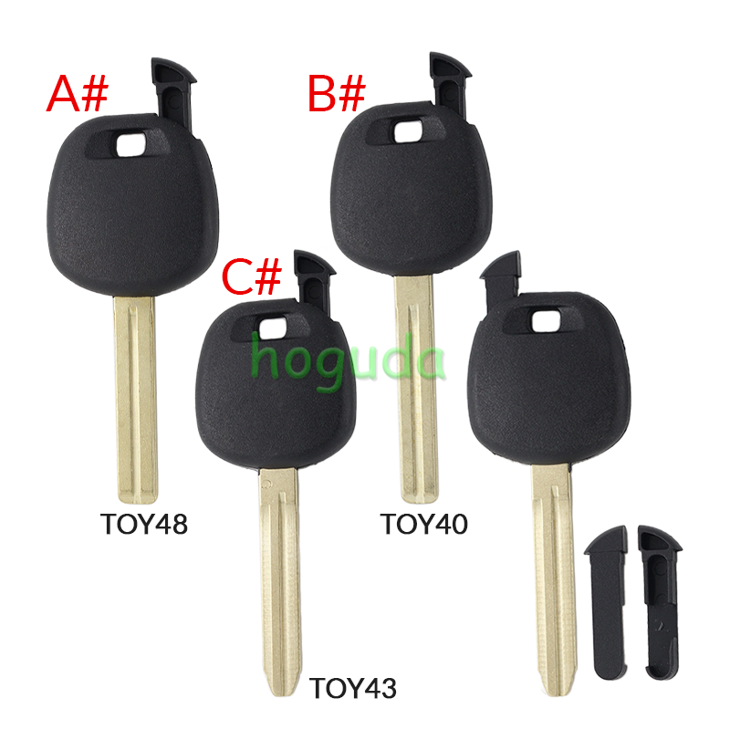 For Toyota transponder key blank,the chip slot is on the top of the key.  A# TOY48 Blade B# TOY40 Blade C# TOY43 Blade