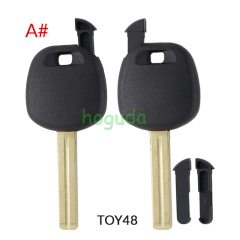For Toyota transponder key blank,the chip slot is on the top of the key.  A# TOY48 Blade B# TOY40 Blade C# TOY43 Blade