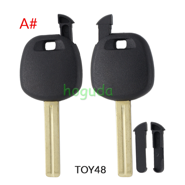 For Toyota transponder key blank,the chip slot is on the top of the key.  A# TOY48 Blade B# TOY40 Blade C# TOY43 Blade