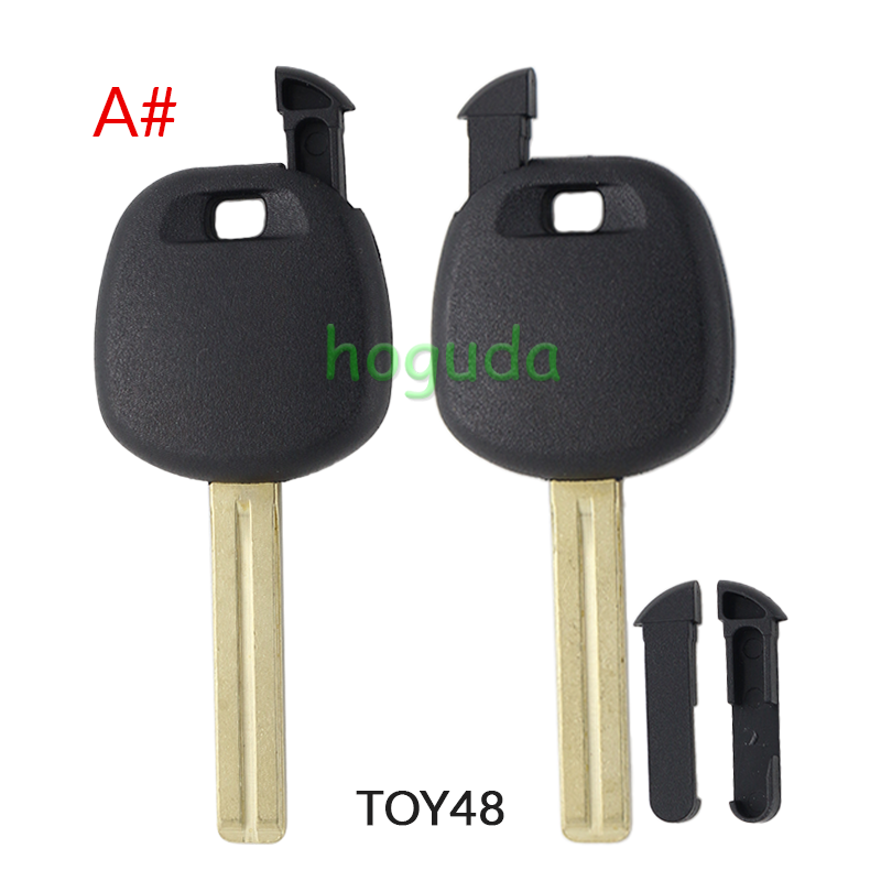 For GTL Toyota transponder key blank ,the chip slot is on the top of the key.  A# TOY48 Blade B# TOY40 Blade C# TOY43 Blade D# TOY51 Blade E# TOY43R Blade