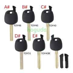 For GTL Toyota transponder key blank ,the chip slot is on the top of the key.  A# TOY48 Blade B# TOY40 Blade C# TOY43 Blade D# TOY51 Blade E# TOY43R Blade