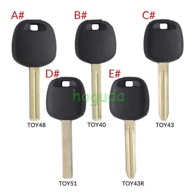 For GTL Toyota transponder key blank ,the chip slot is on the top of the key.  A# TOY48 Blade B# TOY40 Blade C# TOY43 Blade D# TOY51 Blade E# TOY43R Blade