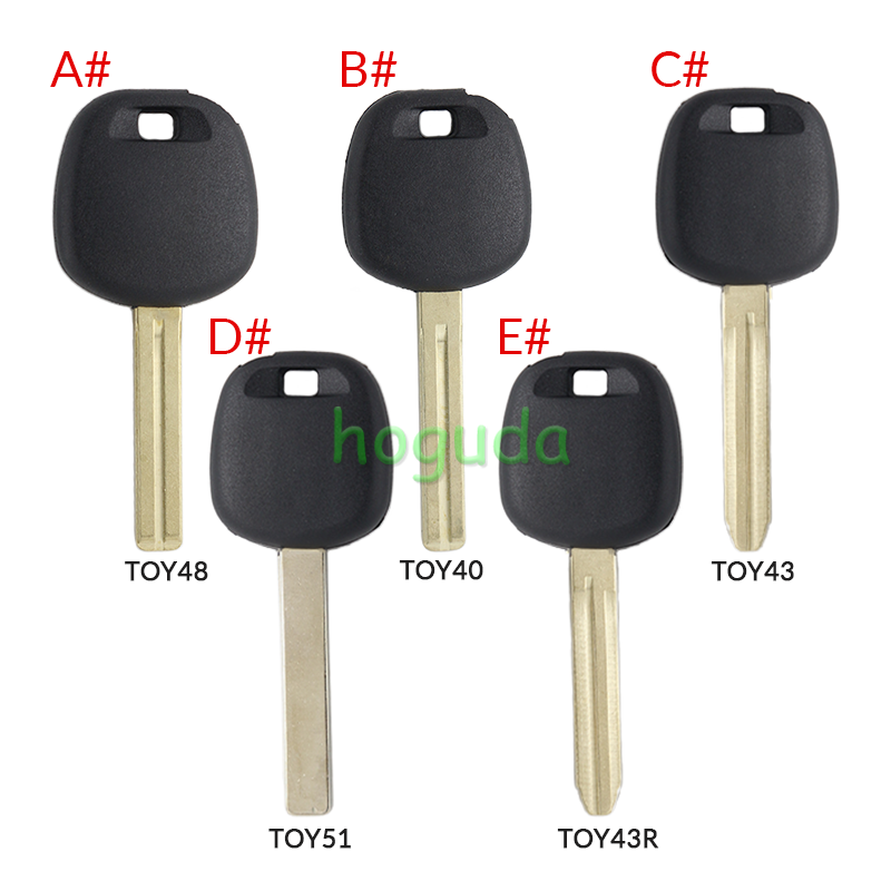 For GTL Toyota transponder key blank ,the chip slot is on the top of the key.  A# TOY48 Blade B# TOY40 Blade C# TOY43 Blade D# TOY51 Blade E# TOY43R Blade